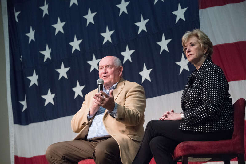 U.S. Secretary of Agriculture Sonny Perdue and Small Business Administration (SBA) Administrator Linda McMahon, take part in a working lunch and conversation with the Lima Chamber of Commerce, and Ohio Farm Bureau, in Lima, OH, on April 4, 2018. This