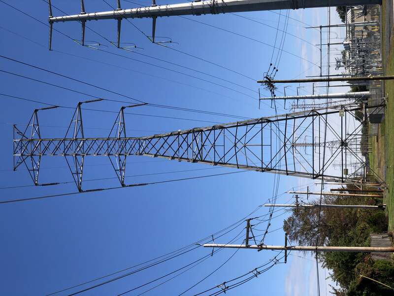 High-voltage electrical pylon viewed from Irvington Place between U.S. Route 206 (South Broad Street) and South Clinton Avenue in Hamilton Township, Mercer County, New Jersey