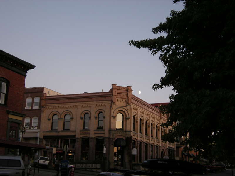 Former bank building (Nelson Block) at dusk, historic Fairhaven district, Bellingham, Washington.
