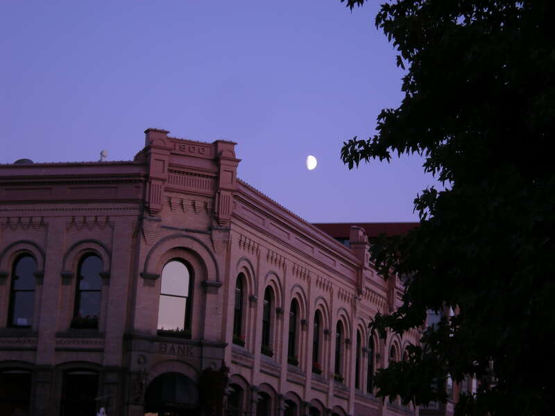 Former bank building (Nelson Block) at dusk, historic Fairhaven district, Bellingham, Washington.