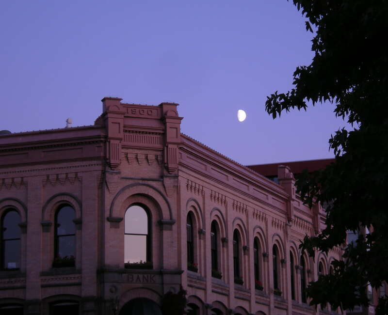 Former bank building (Nelson Block) at dusk, historic Fairhaven district, Bellingham, Washington.