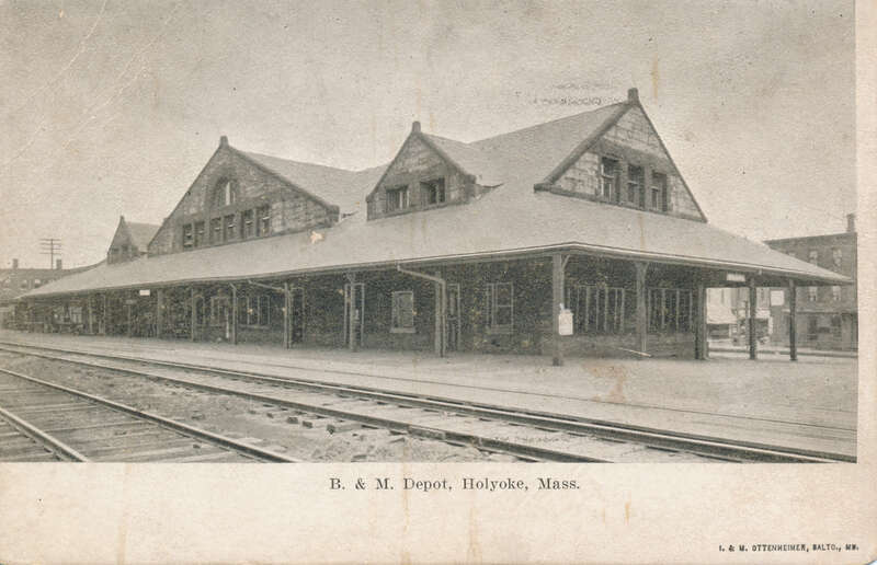 An early postcard with an image of the former Boston and Maine Railroad station in Holyoke, Massachusetts. The postmark on the read of the card is dated February 12, 1919.