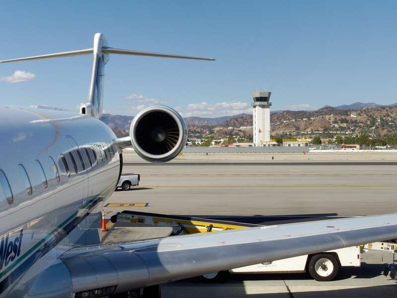 Burbank airport field and tower, view north from open gangway.