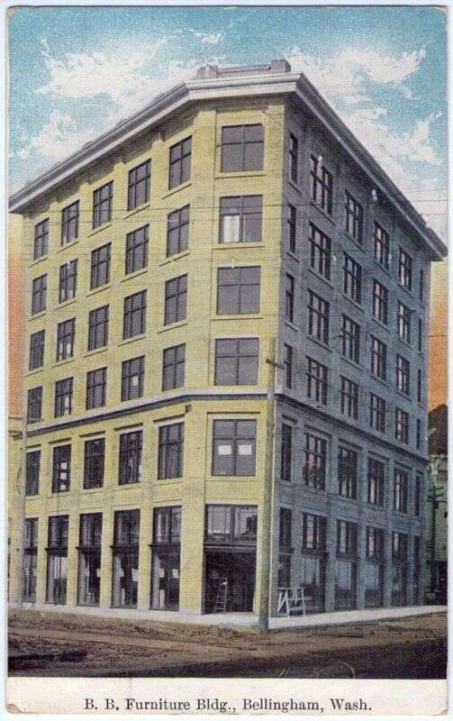 Postcard showing the BB Furniture Building near the end of construction, around 1908.