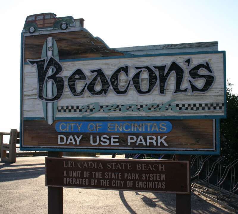 Signboard at entrance to car park at Beacons Beach, Encinitas, CA, also known as Leucadia State Beach
