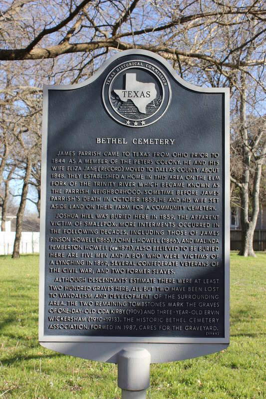 James Parrish came to Texas from Ohio prior to 1844 as a member of the Peters Colony. He and his wife Eliza Jane (Record) moved to Dallas County about 1848. They established a home in this area on the Elm Fork of the Trinity River which became known