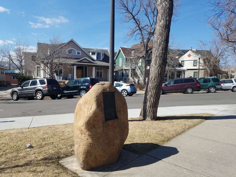 Tablet at Boulder Crescent Park placed in 1913 by the El Paso County Pioneer Association in memory of three young boys who were killed in 1868 by Indians.