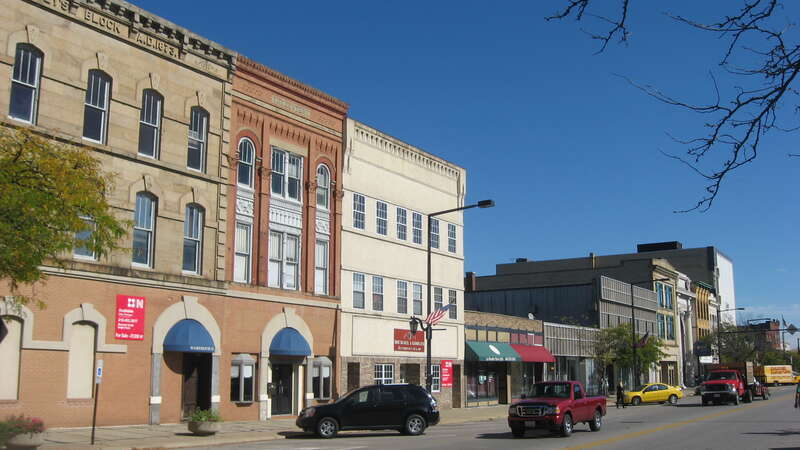 Buildings on the northern side of Broad Street between the East and Middle Avenue junctions in downtown Elyria, Ohio, United States.  This block is part of the Elyria Downtown-West Avenue Historic District, a historic district that is listed on the
