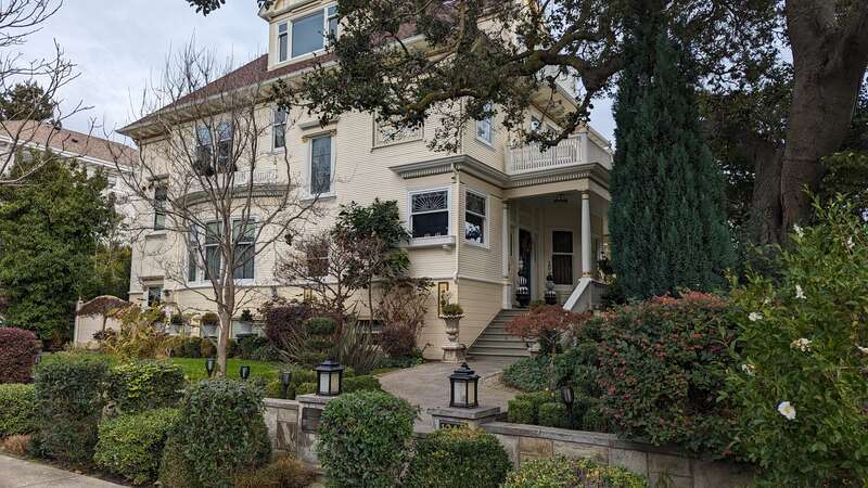 Bruton House. 1240 St. Charles Street. Alameda City Historical Building.  Builder Denis Straub and Son. Architect Fred P. Fischer. 1897.  House of Daniel Bruton and his wife Helen as well as their three daughters: Helen, Margaret, and Esther.