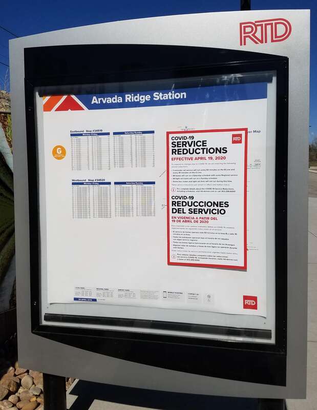 COVID-19 Service Reductions sign at Arvada Ridge Station