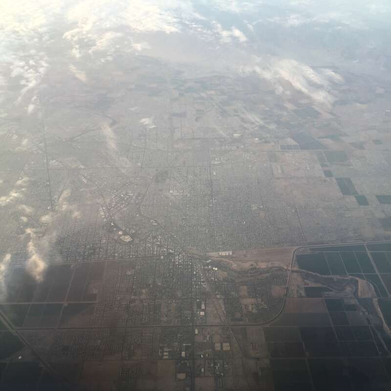 The Calexico-Mexicali region, with the US-Mexico border in-between. South is up - Mexicali, Sonora is on top, Calexico, California on bottom.