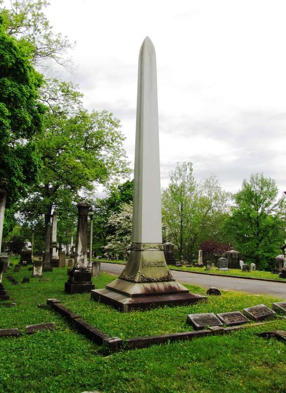 Obelisk marking the graves of Knoxville railroad magnate Charles McClung McGhee (1828–1907) and family at Old Gray Cemetery in Knoxville, Tennessee, USA.  McGhee was named for his grandfather, Charles McClung, who drew up Knoxville's city plan in