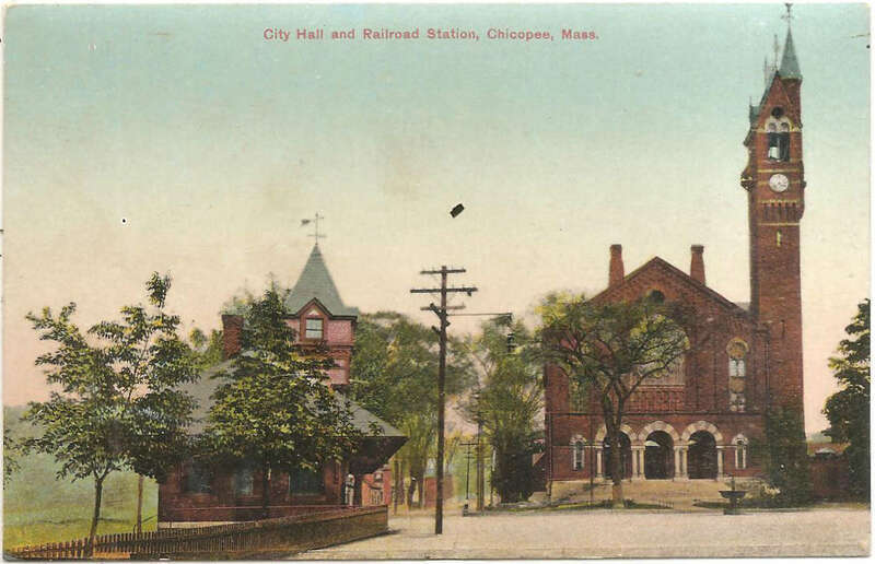 Divided back postcard of Chicopee Center station and Chicopee City Hall