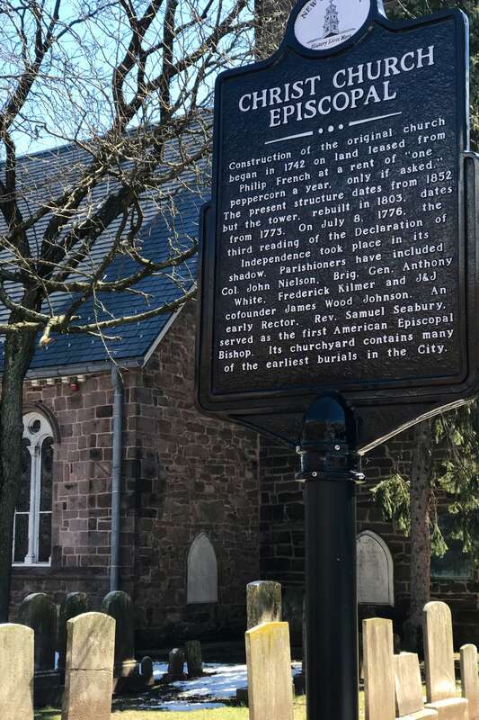 Historical information sign for Christ Church in New Brunswick, New Jersey.
