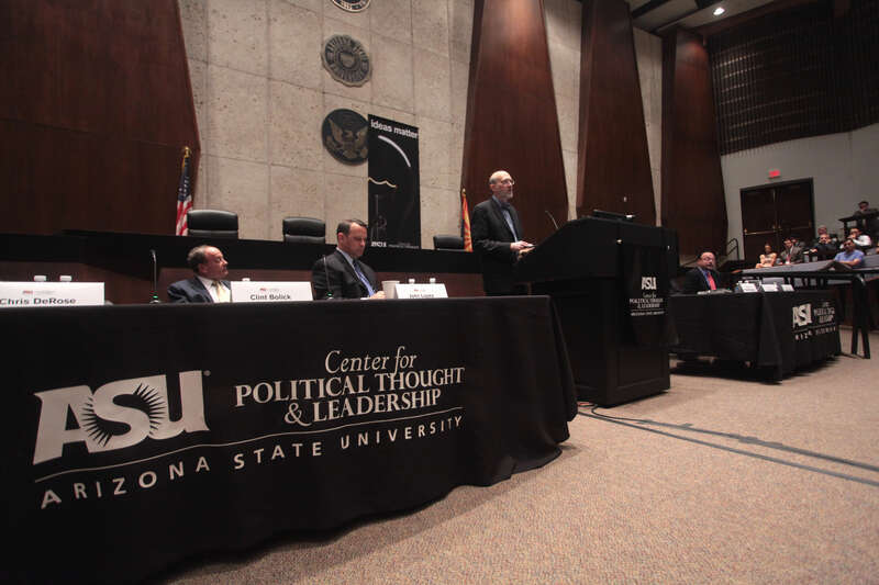 Arizona Supreme Court Justice Clint Bolick, Solicitor General of Arizona John Lopez, Philip Hamburger, Eric Claeys and Jonathan H. Adler speaking with attendees at an event titled &quot;New Challenges to Constitutional Law&quot; hosted by the Arizona State