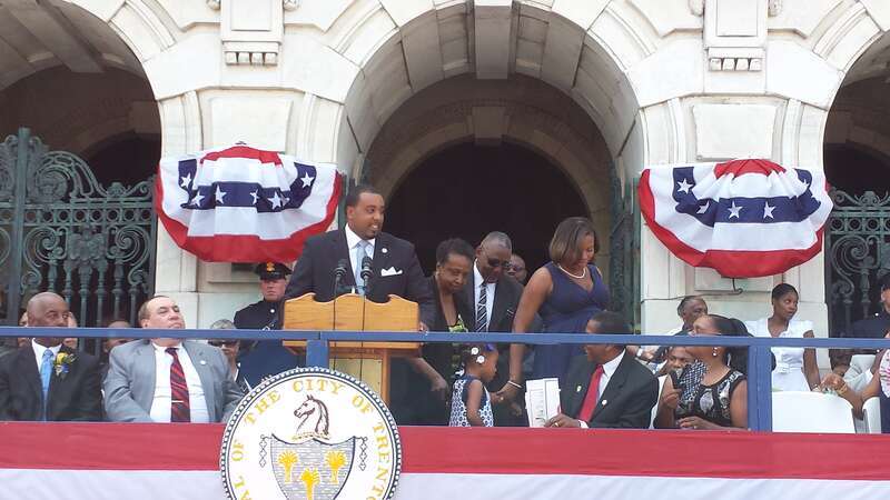 Councilman Duncan Harrison Jr. gives his inaugural speech on the stage in front of Trenton City Hall on July 1, 2014.