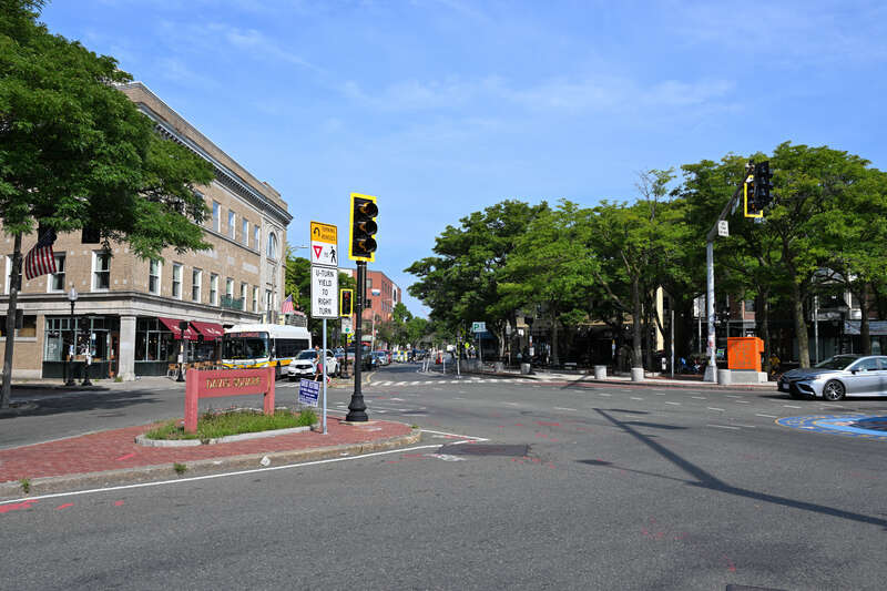 Davis Square in August 2024, looking north up Holland Street