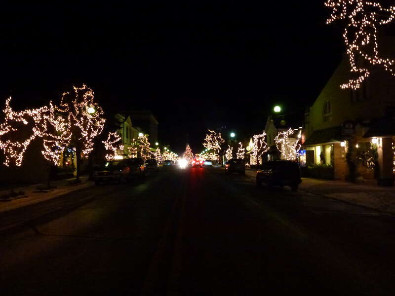 View looking down Main Street towards the Christmas Tree and Catholic Church at the corner of State and Main.