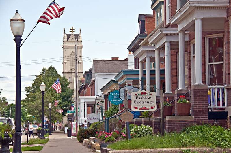 Shops on 4th Street in Dubuque, Iowa, USA
