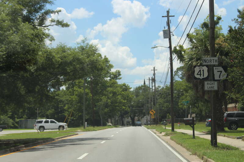 E Central Ave, Valdosta, Road sign US41Bus GA7Bus North, Lowndes County, Georgia