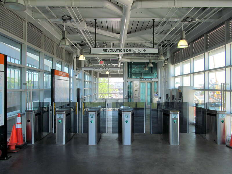 Faregates inside the south headhouse at Assembly station in June 2017