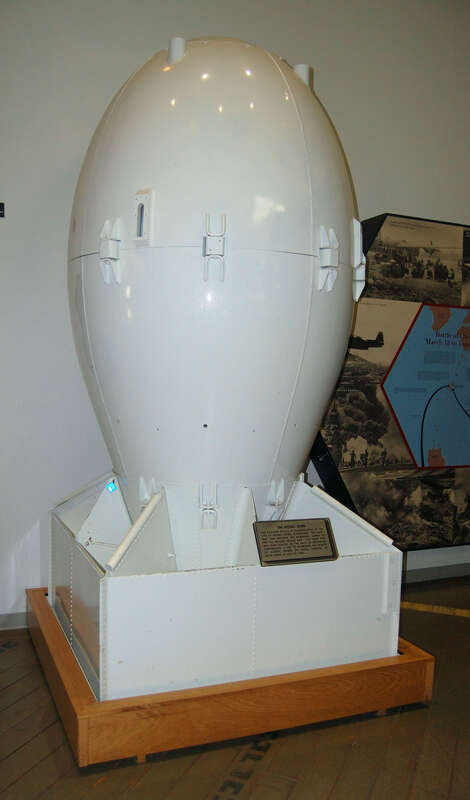 This nuclear device is representative of the type of atomic bomb, nicknamed Fat Man, that was dropped on Nagasaki, Japan to end the second world war. This same type was also utilized by the Navy in Operation Crossroads, a test to determine the