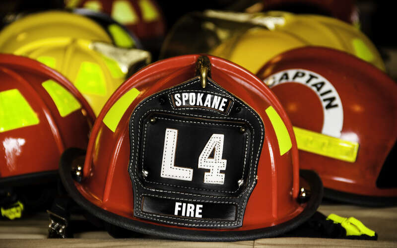 Collection of fire helmets at the Philomath Fire Station