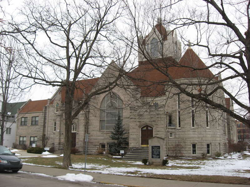 Front of First Presbyterian Church, located at 221 E. Sixth Street in Bloomington, Indiana, United States.  Designed by Crapsey and Lamm, it was built in 1903, and it is part of the locally-designated Old Library Historic District.