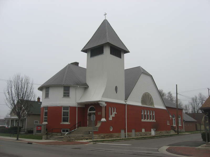 Front and southern side of the former First Christian Church of Ada, Ohio, United States, located at 316 S. Main Street (State Route 235).  It was built in 1892.