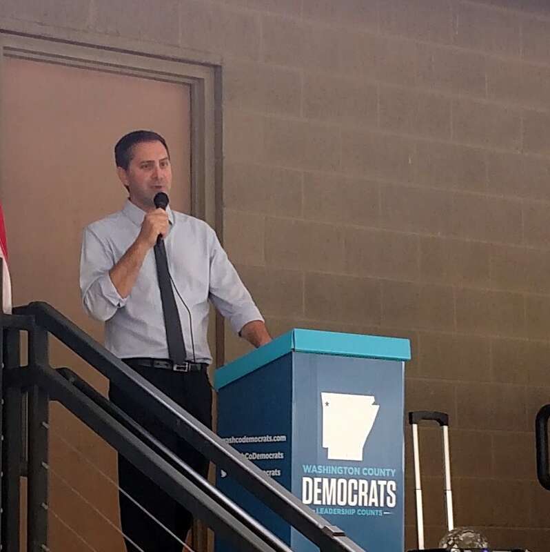 Greg addresses a rally of the Washington County Democrats at Shiloh Square in Springdale, Arkansas