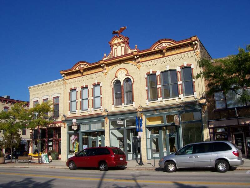 Looking northeast at the w:Henry and Charles Imig Block in downtown 8th Street w:Sheboygan, Wisconsin. It is listed on the National Register of Historic Places.