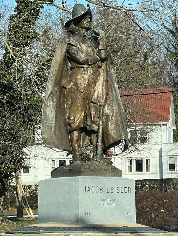 Statue of colonial governor Jacob Leisler on North Avenue in New Rochelle, New York.