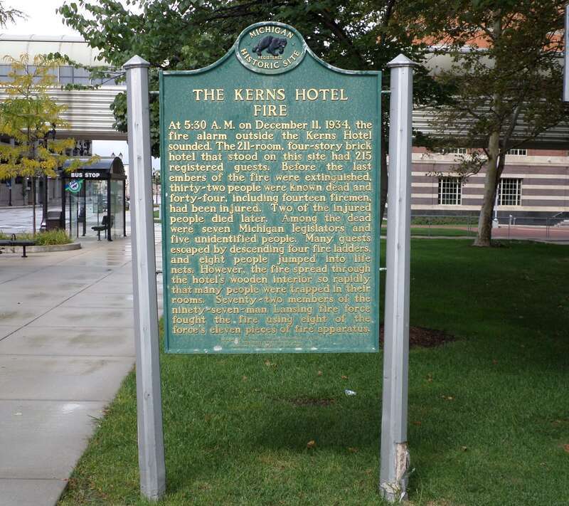 A plaque commemorating the Kerns Hotel, located at E. Michigan Ave and Grand Ave, Lansing, MI.