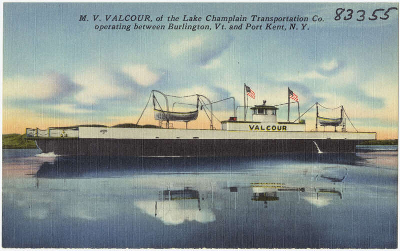 File name: 06_10_002175
Title: M. V. Valcour, of the Lake Champlain Transportation Co., operating between Burlington, Vt. and Port Kent, N.Y.
Created/Published: &quot;Tichnor Quality Views&quot;, Reg,U.S.Pat.Off., Made Only by Tichnor Bros., Inc., Boston,