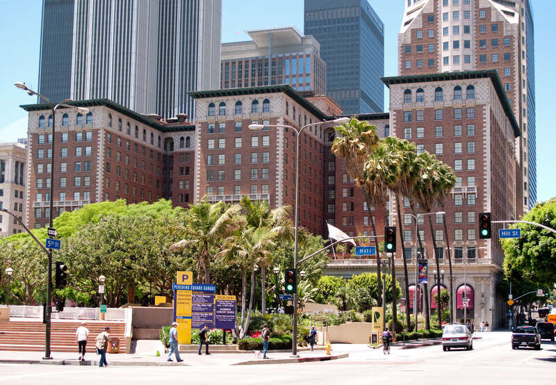 The Millennium Biltmore Hotel, with Pershing Square in the foreground. This image is a pseudo-HDR from two RAW images.