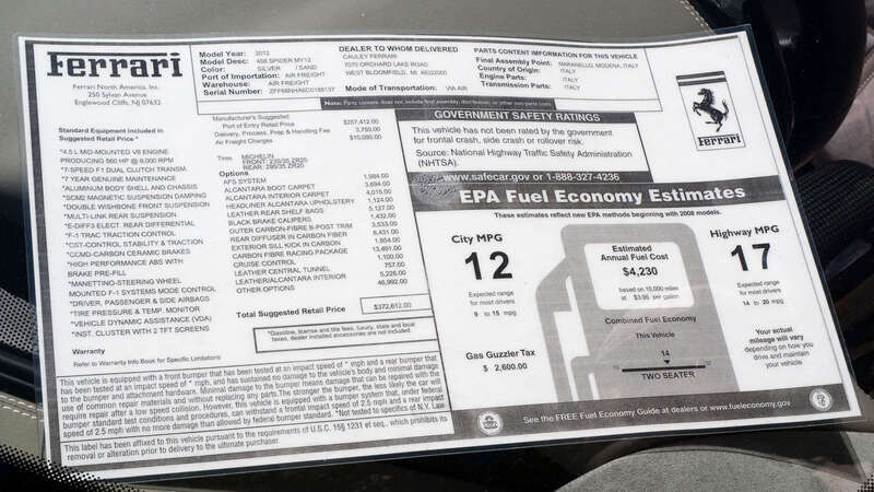 Monroney sticker for a 2012 Ferrari 458 Spyder