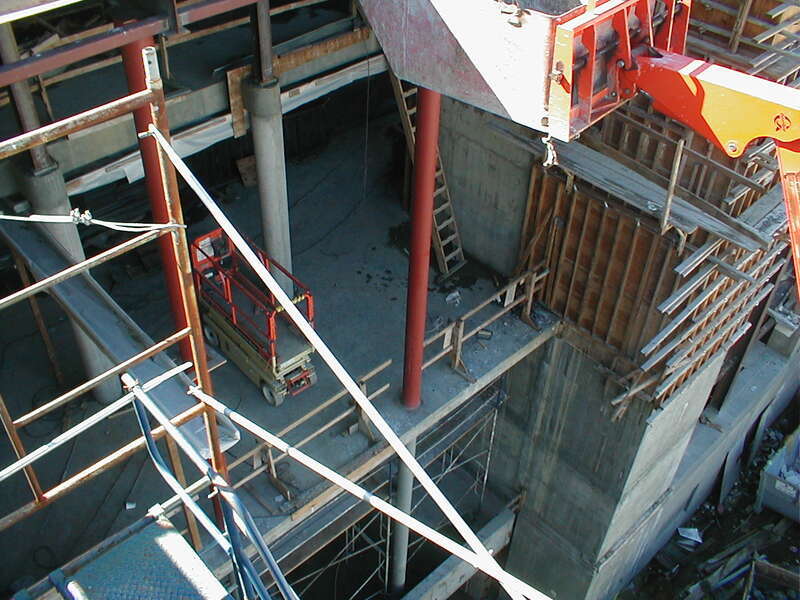 The new part of the building is very solid and helps brace the older part during an earthquake.  This is looking down on the new entrance to Berkeley Public Library.  This photo was taken on a site visit on February 27, 2001.