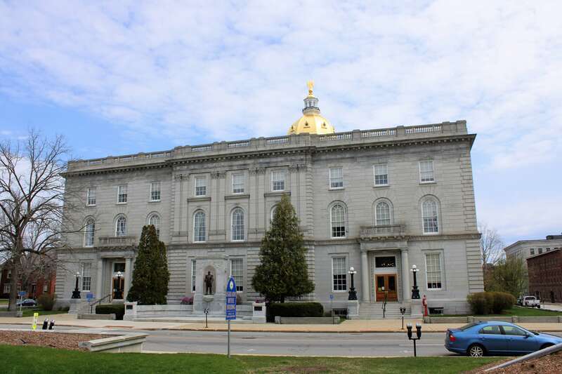 Rear elevation of the New Hampshire State House from Capitol Street in Concord.