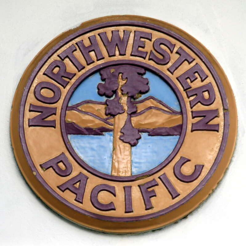 Northwestern Pacific Railroad seal on the former B Street station in San Rafael, photographed in April 2018