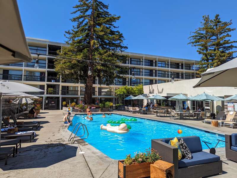 Paradox Hotel, Marriott Autograph Collection, Santa Cruz, poolside view with guest rooms in tower in background