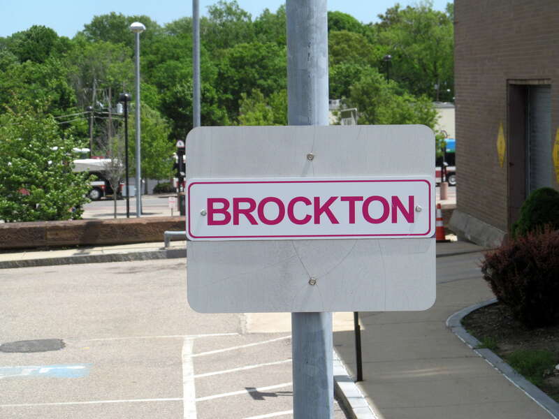 Non-standard signage Brockton station in June 2017, possibly added for CapeFLYER service
