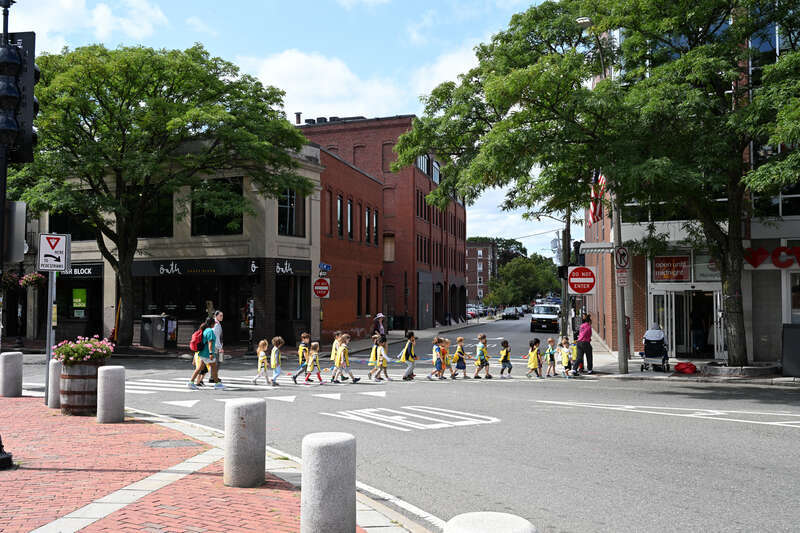 A line of preschoolers, holding onto a walking rope, cross Day Street in Davis Square in Somerville.