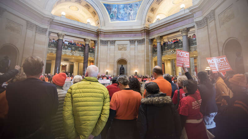 St. Paul, Minnesota
February 22, 2018
About 1000 people filled the Minnesota capitol rotunda to demand stricter gun control laws. They protested against &quot;stand your ground&quot; and &quot;permit-less carry&quot; laws and demanded stricter laws on guns such as a ban