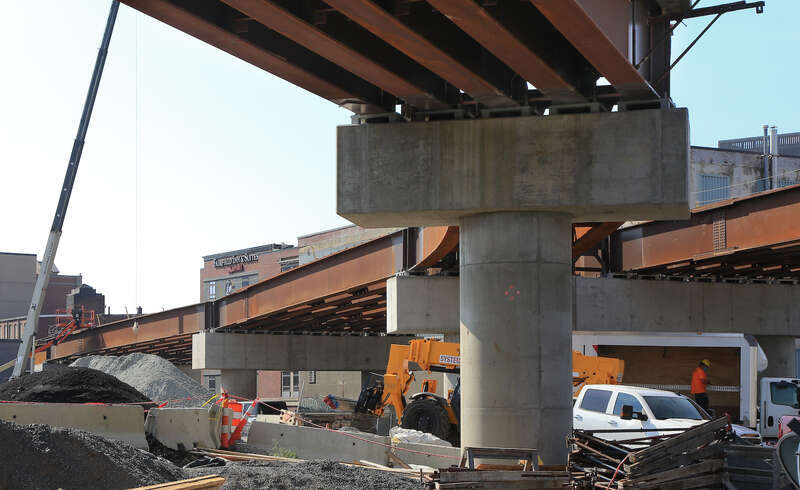 Red Bridge viaduct under construction in August 2020, with steel placement advancing