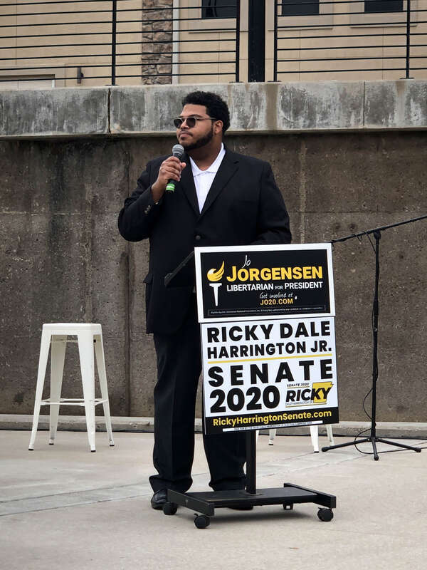 Ricky Dale Harrington Jr., Libertarian nominee for the 2020 United States Senate election in Arkansas, speaking at a joint criminal justice reform campaign event with vice presidential nominee Spike Cohen at Walter Turnbow Park in Springdale,
