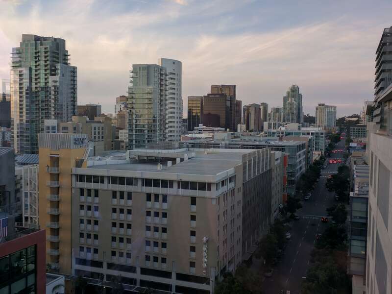 Skyline of downtown San Diego, viewed from the San Diego Central Library, 9th floor, looking north on 11th Avenue.