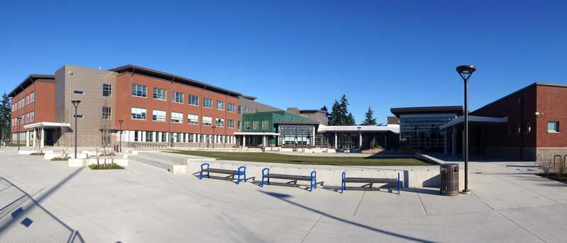 Panoramic view of the newly added 2013 south courtyard at Shorewood High School