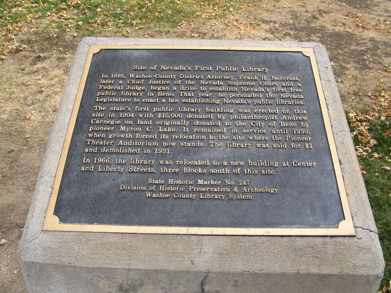 In 1895, Washoe County District Attorney Frank H. Norcross, later a Chief Justice of the Nevada Supreme Court and a Federal Judge, began a drive to establish Nevada's first free public library in Reno. That year, he persuaded the Nevada Legislature