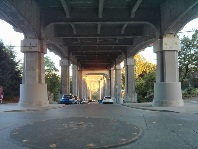 Washington State Route 99, elevated over Aurora Ave, seen from below in the Fremont neighborhood of Seattle.