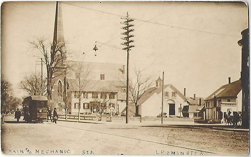 Divided back postcard of Fitchburg and Leominster Street Railway streetcar in front of the Pilgrim Congregational Church in Leominster, Massachusetts. The postcard was copyrighted in 1913, but the lack of the 1908-built library indicates it was taken